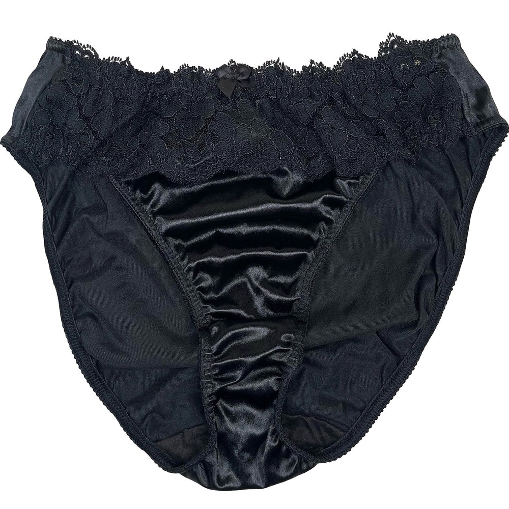 Vintage Victoria's Secret Panties Women M Black Satin Lace Trim Hi Cut Briefs
